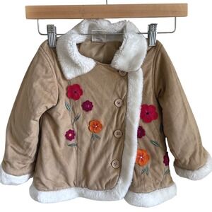 Toddler Faux Suede Embroidered Floral Coat 3T Sherpa Lined Boho Winter Jacket